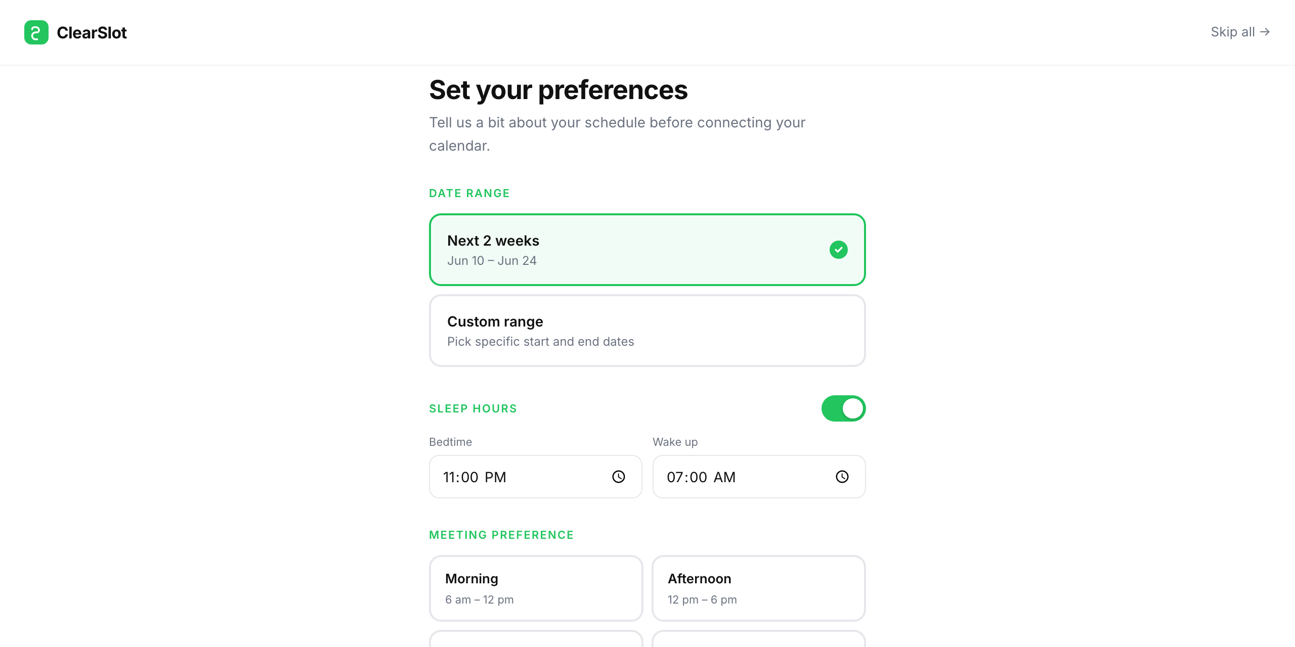 ClearSlot preferences page showing date range and sleep hours