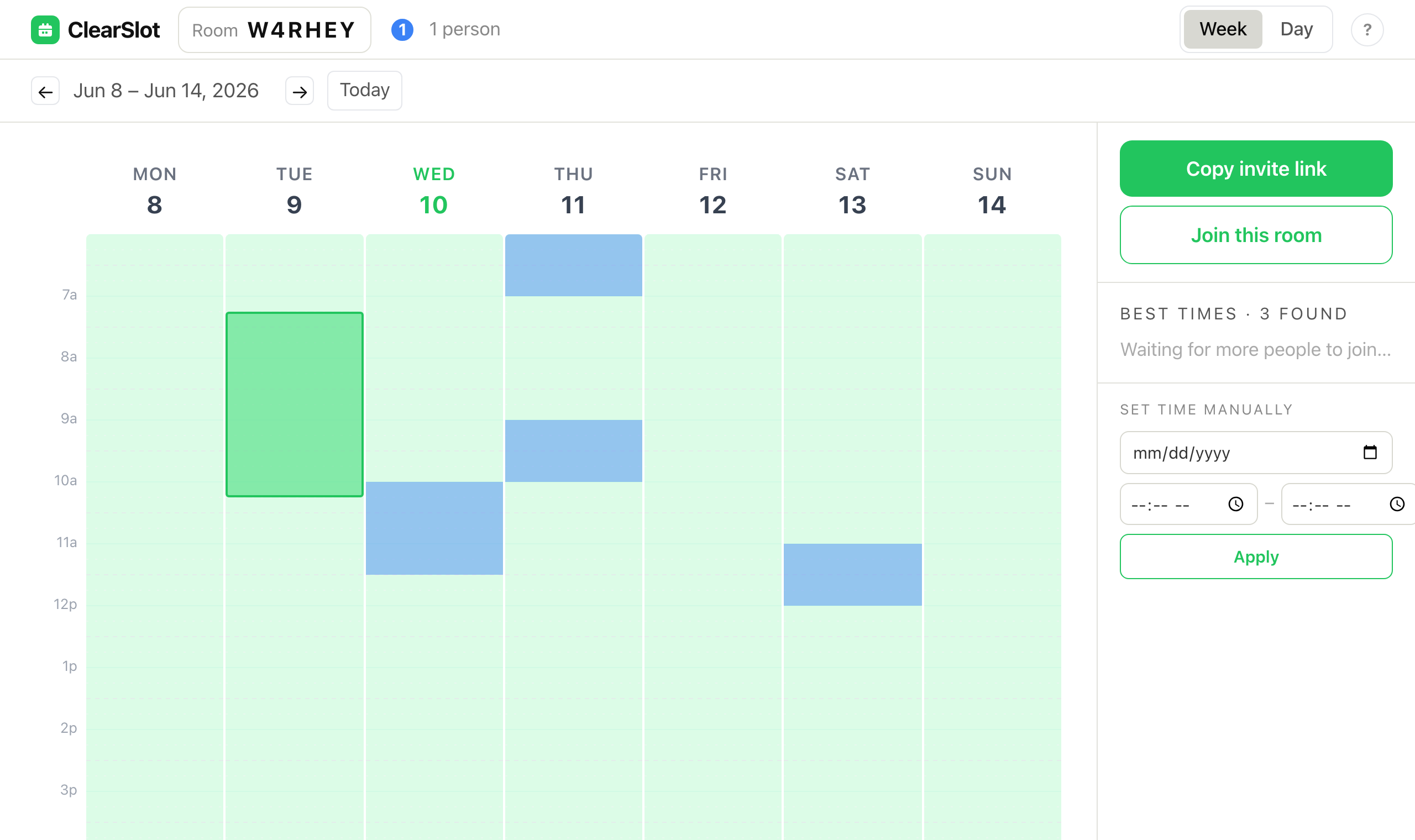Room grid with a drag selection highlighted in green